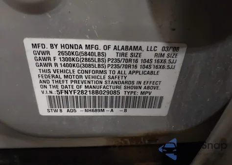 2008 Honda Pilot Vp z USA, uszkodzony, nr VIN 5FNYF28218B029085